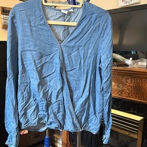 GAP Blue Wrap Blouse with Long Sleeves and Mandarin Collar
